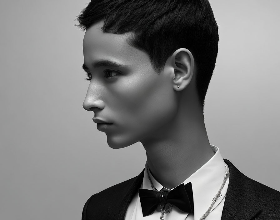 Monochrome portrait of person with short hair and bow tie