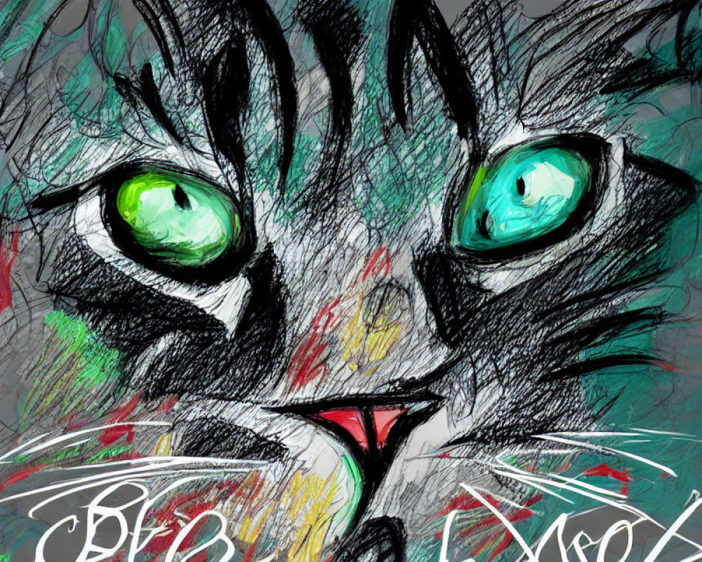 Colorful Digital Drawing of Cat's Face with Green Eyes