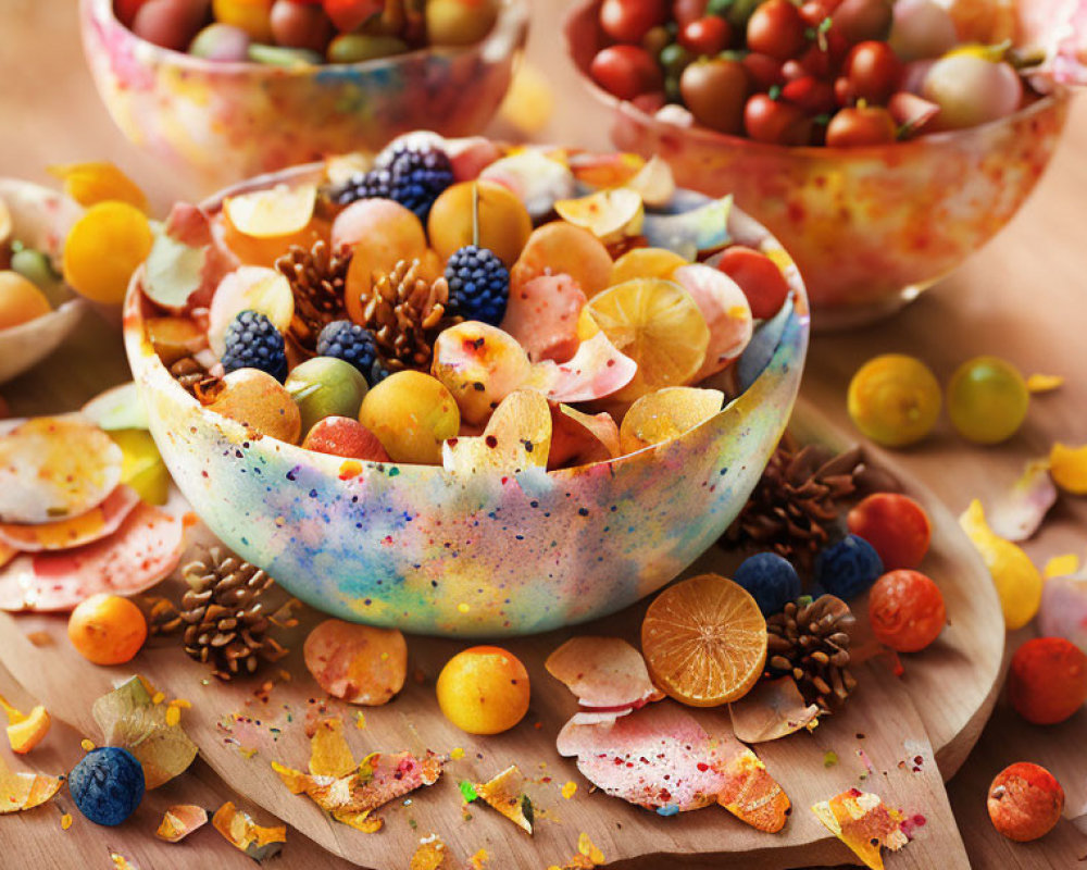 Assorted fruits and berries with edible flowers and nuts on wooden surface