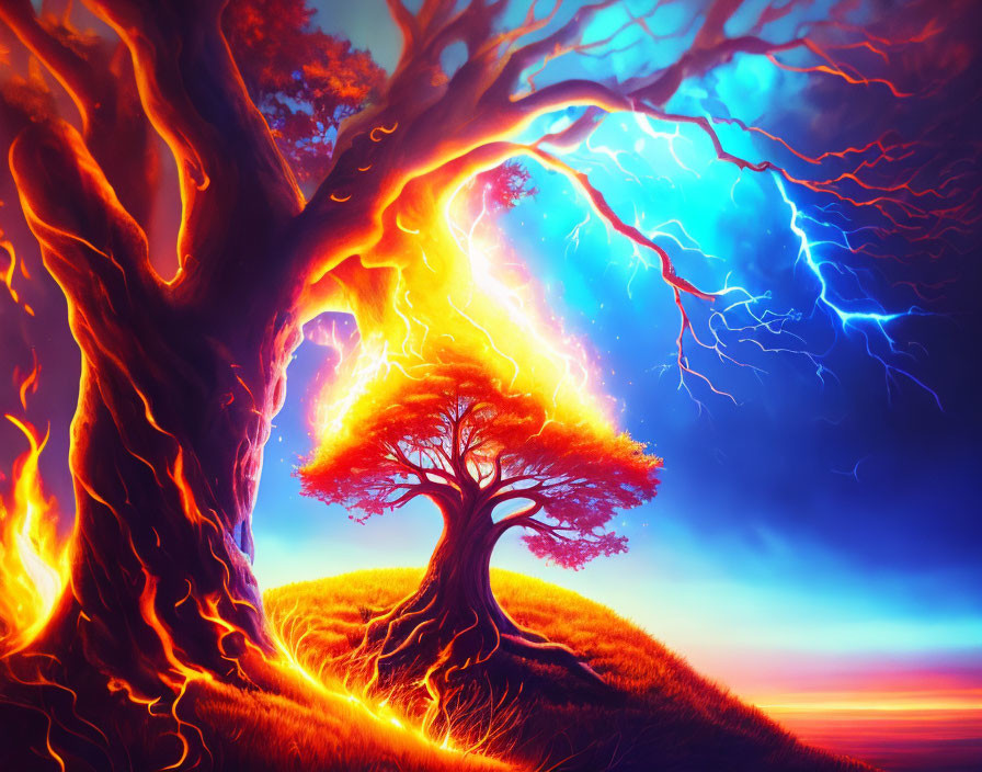 Colorful Tree Artwork with Red and Blue Trees in Dramatic Sky