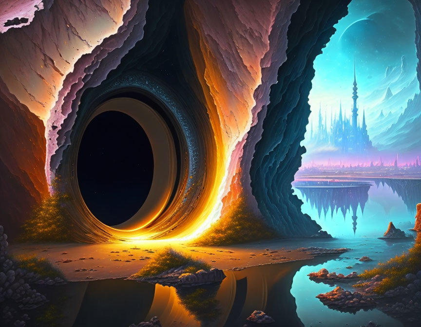 Fantastical landscape with glowing portal, rocky caverns, tranquil water body, and distant futuristic city