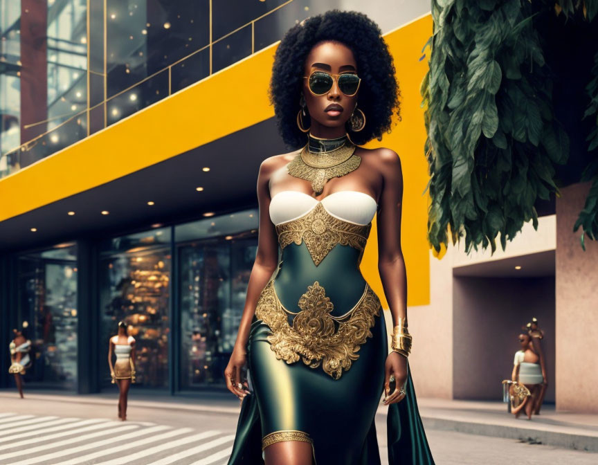 Fashionable woman with afro in stylish dress and sunglasses in urban setting