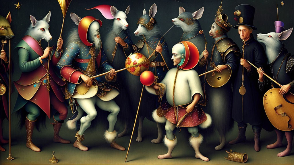 Regal anthropomorphic mice in Renaissance attire with instruments and weapons.