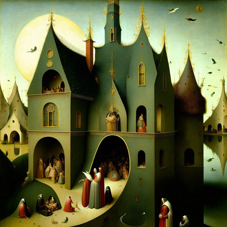 Surreal painting of castle-like structure with medieval figures and flying machines