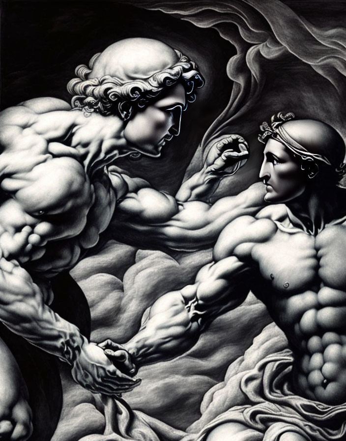 Muscular figures in headbands connecting in swirling clouds