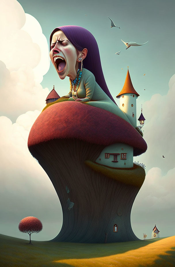 Surreal illustration of giant woman's head on mushroom-shaped house in whimsical landscape