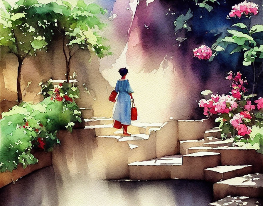 Person in Blue Outfit Walking Up Stone Steps in Watercolor Painting