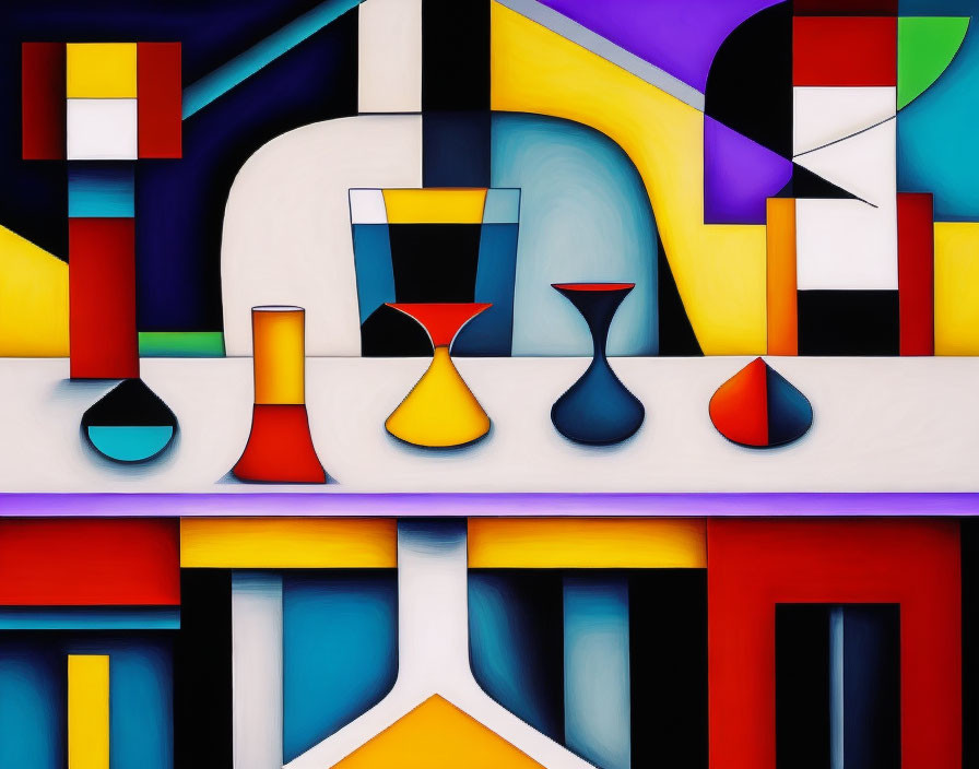 Colorful geometric painting of stylized vessels on multi-layered background