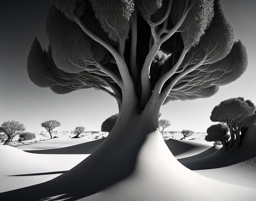 Monochrome surreal tree dominates serene desert landscape