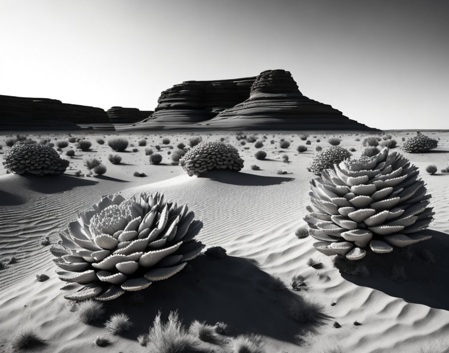 Monochrome desert landscape with spherical plants and layered rock formations