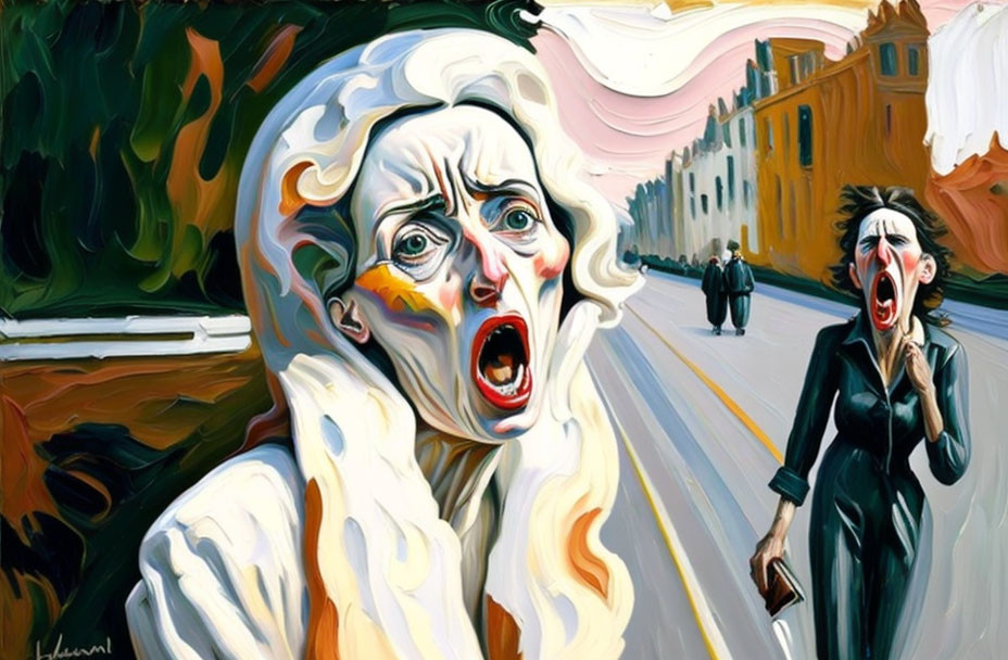 Colorful painting of two screaming women in white and black with cityscape background