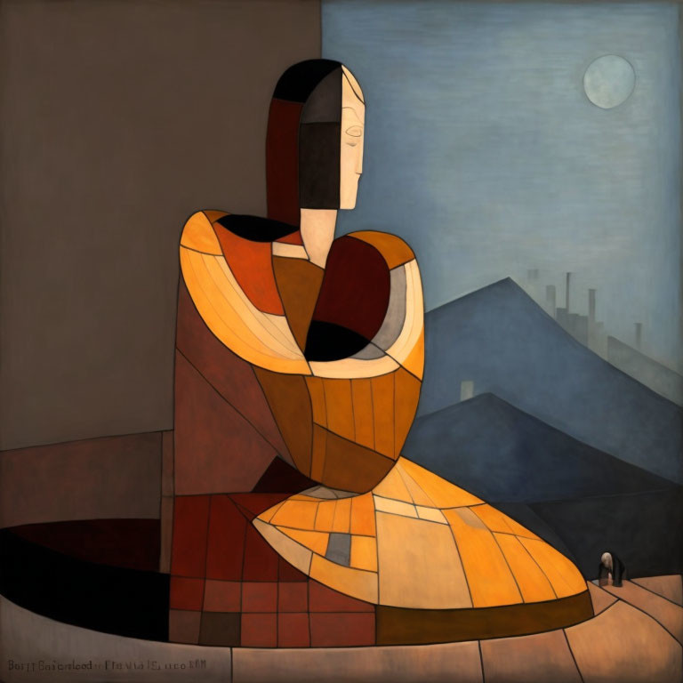 Geometric figure with human-like profile in abstract cityscape painting