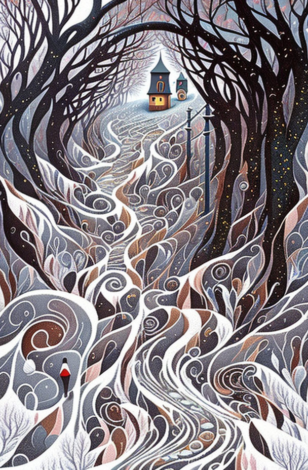 Whimsical winter forest illustration with winding path and cozy house