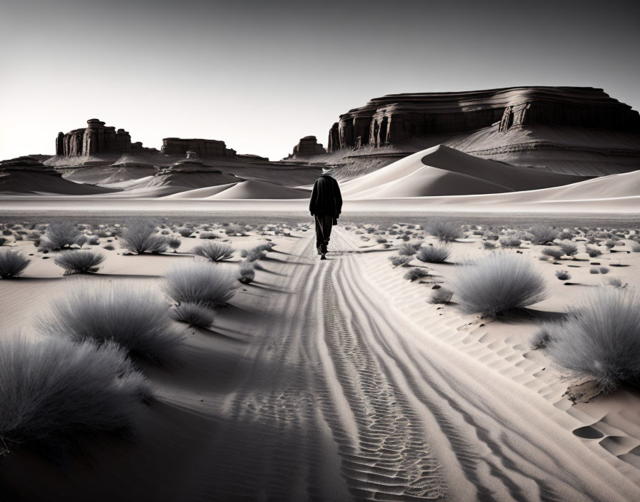 Solitary figure in long coat walking on desert expanse with sand dunes, grass tufts,