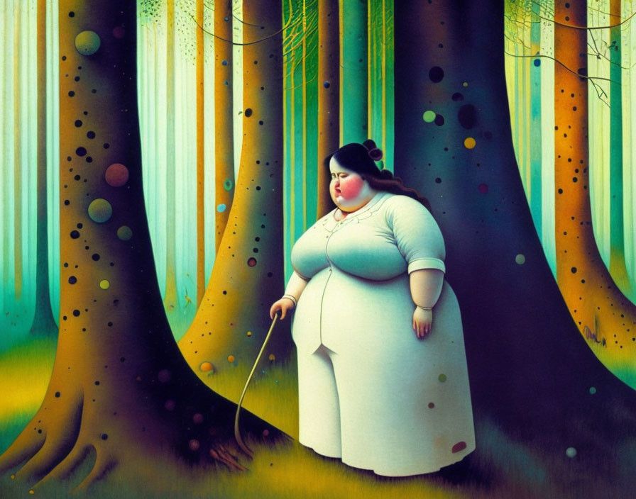 Stylized painting of plump woman in white dress in fantastical forest