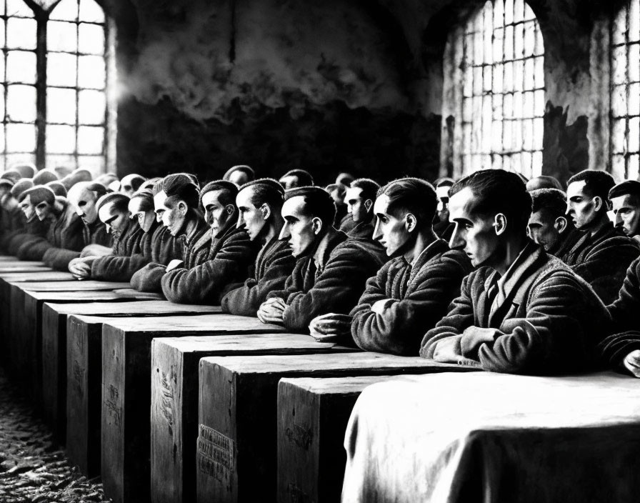 Men in Uniform Sitting at Long Wooden Table in Room with Arched Windows