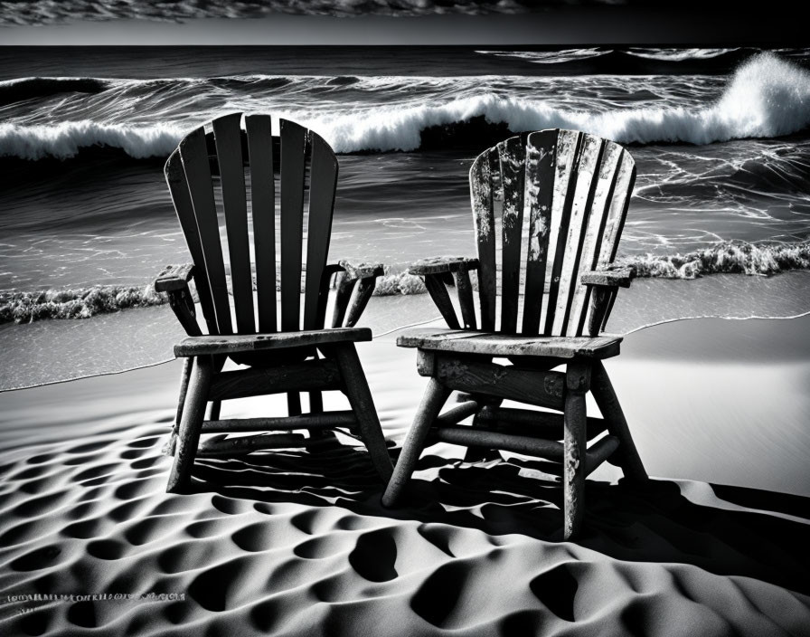 Weathered Adirondack chairs by turbulent sea with crashing waves and dramatic sky