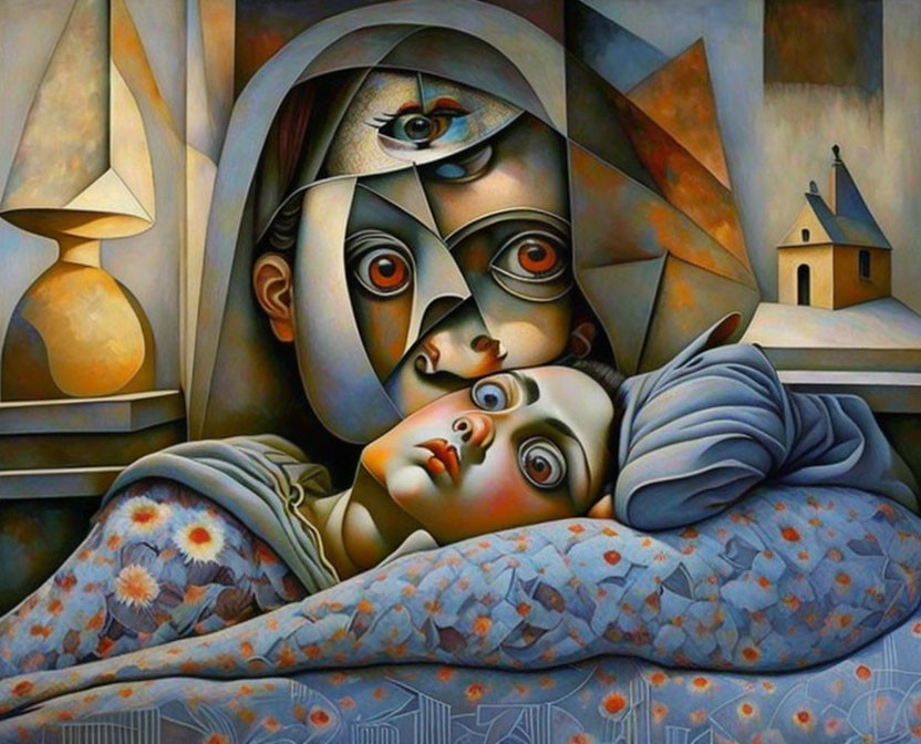 Surrealist Cubic Painting: Layered Faces, Multiple Eyes, Small House, Lamp