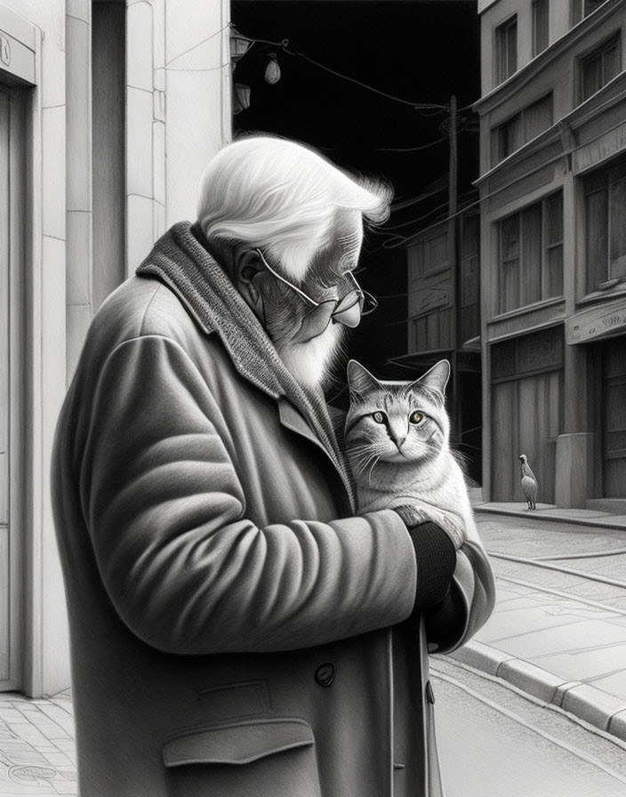 Elderly man with cat in urban alleyway scene