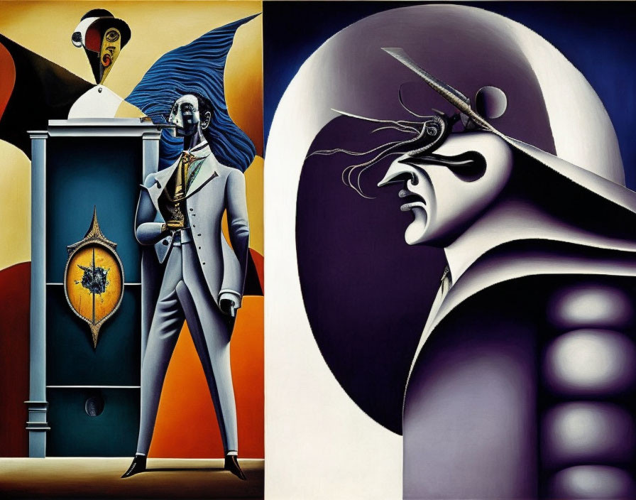 Surrealist paintings of sharply dressed characters with abstract faces