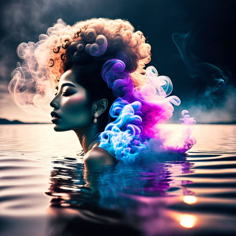 Curly-haired woman emerges from water with colorful smoke on dark background