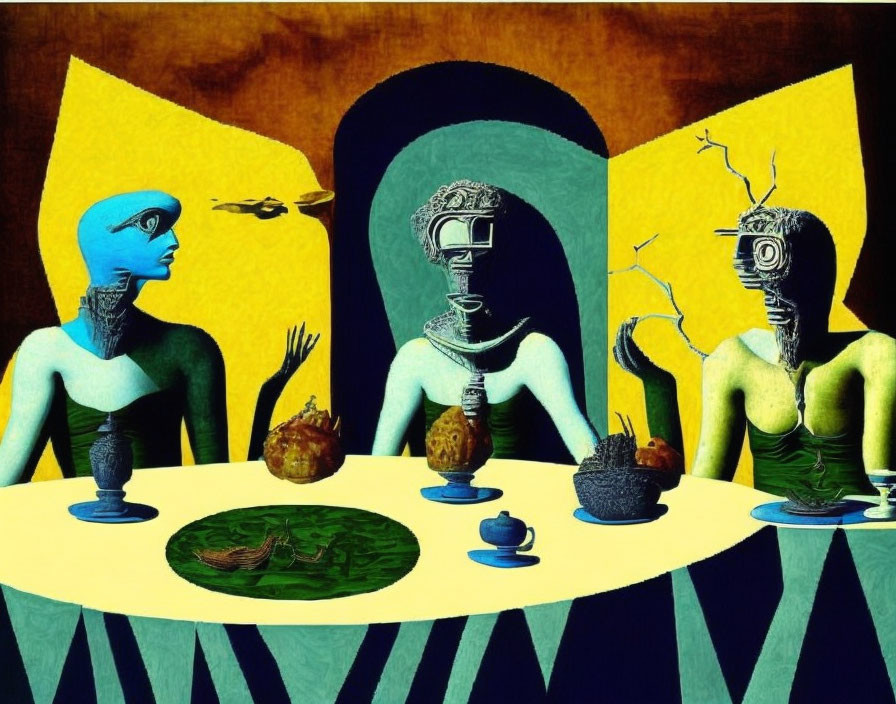 Abstract surreal figures at round table with peculiar artifacts on yellow and blue backdrop