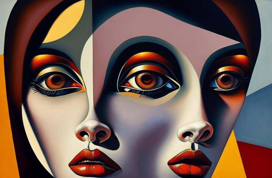 Cubist-Style Painting with Two Faces in Vibrant Colors