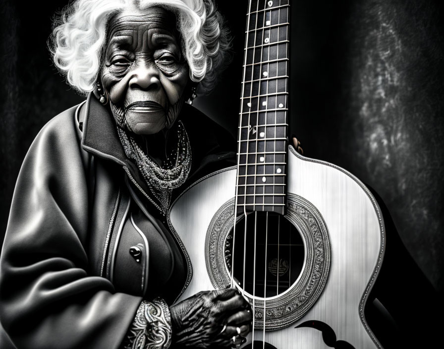 Elderly woman in coat with expressive eyes beside classical guitar