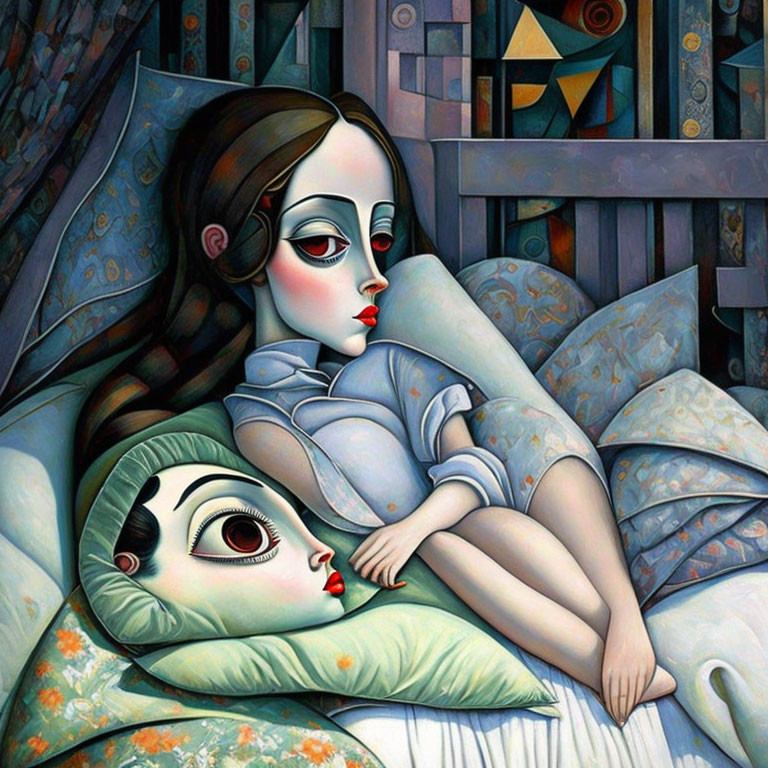 Stylized painting of two figures with exaggerated eyes on pillows surrounded by blankets and geometric shapes