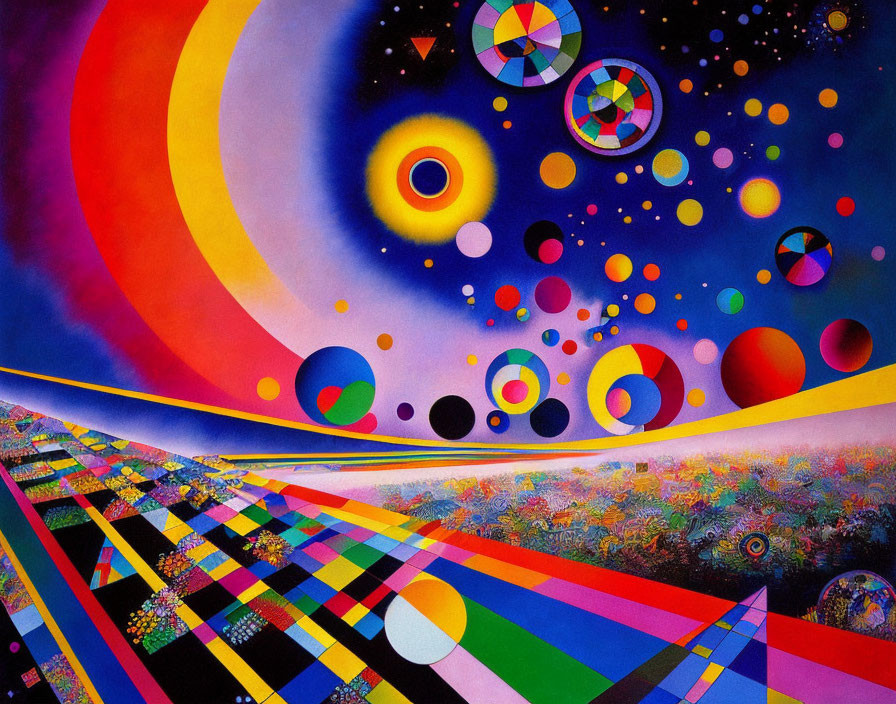 Colorful cosmic painting with swirling patterns and geometric shapes