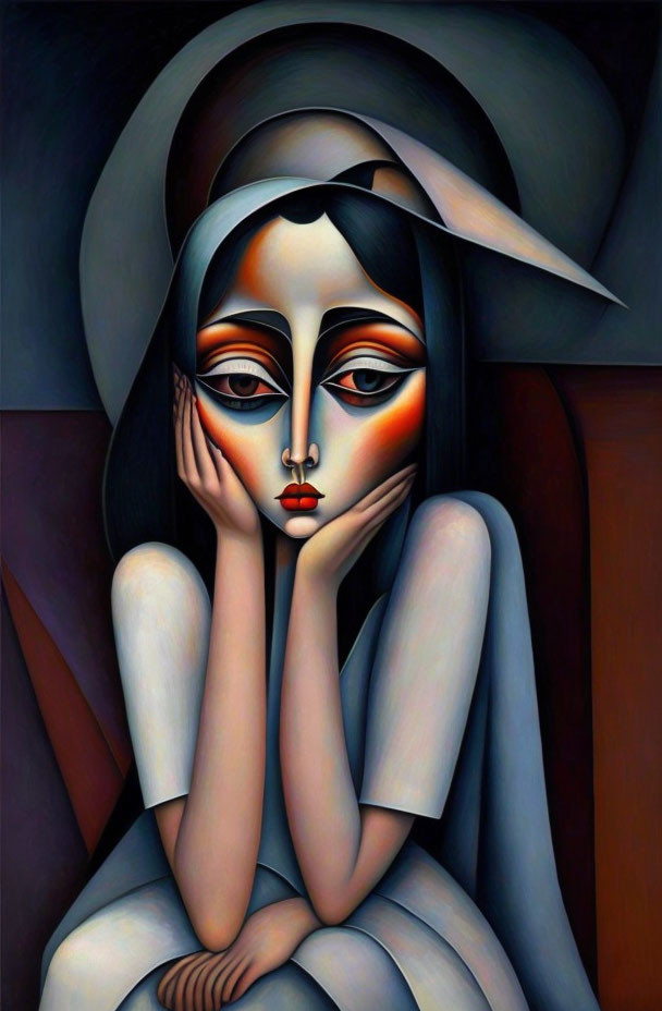 Stylized painting of woman with elongated features and expressive eyes in melancholic pose