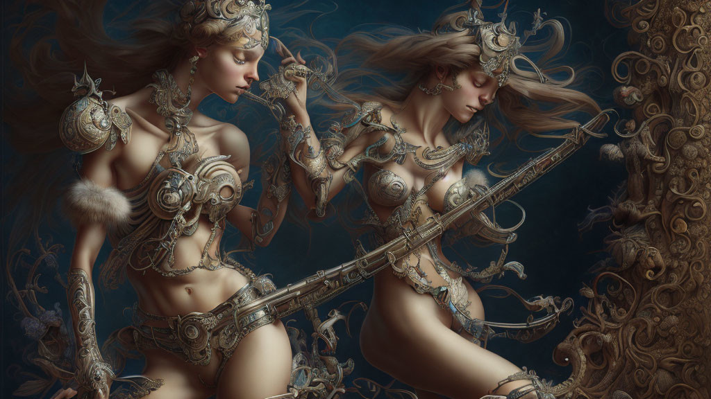 Ethereal women in ornate armor against mystical backdrop