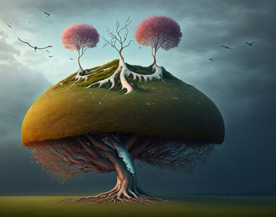 Surreal landscape with large tree, mushroom-shaped island, birds, and dramatic sky