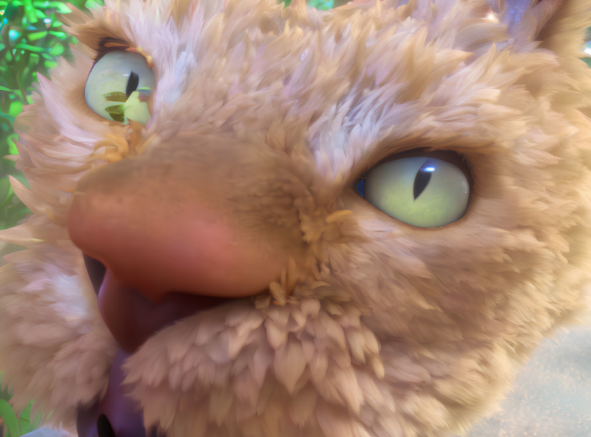 Furry animated creature with green eyes in glowing setting