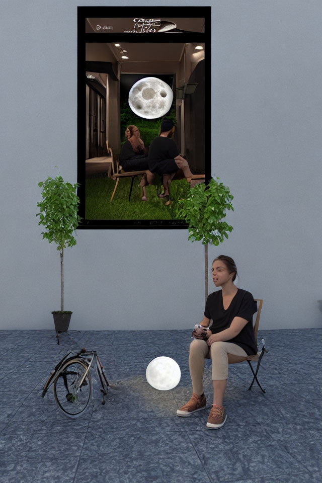 Woman sitting in room with blue tiled floor, looking at picture of couple with moon, next to p