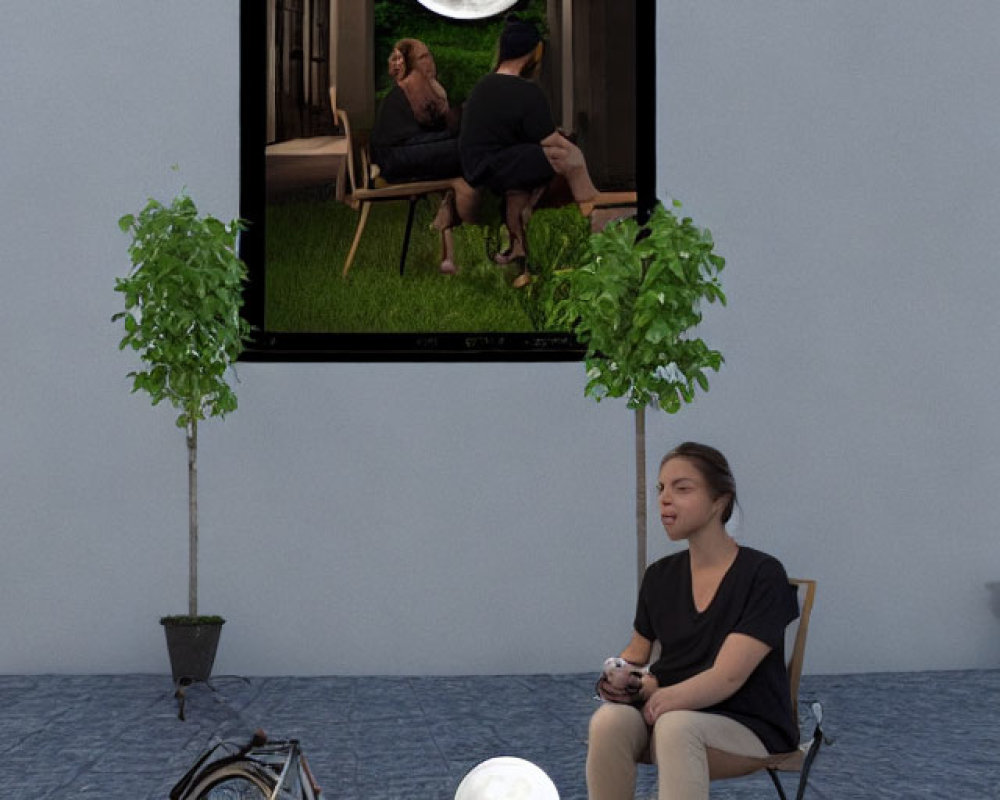 Woman sitting in room with blue tiled floor, looking at picture of couple with moon, next to p