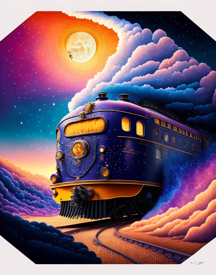 Colorful Hexagon-Framed Vintage Train Illustration with Night Sky