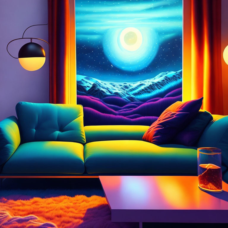 Colorful teal sofa and surreal night landscape wall art in futuristic room