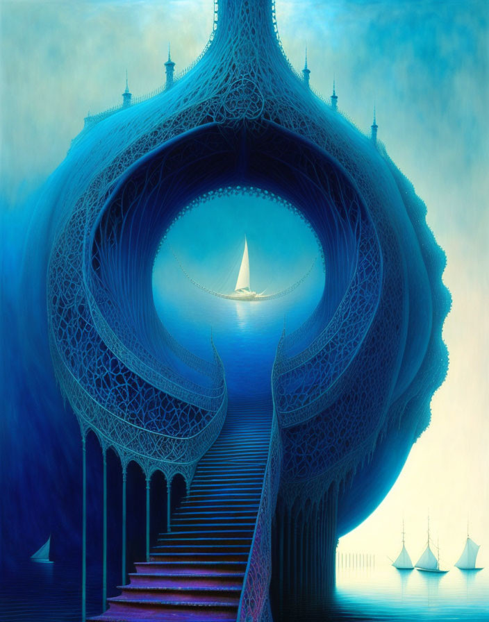 Surreal blue-toned painting of ornate domed structure with staircase and illuminated sailboat