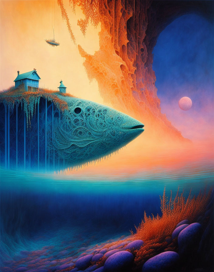 Surreal painting: Giant fish, intricate patterns, house on back, vibrant sunset.