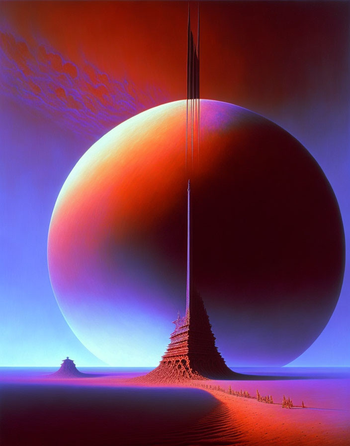 Colossal warm-colored sphere dominates desert landscape with sharp spire