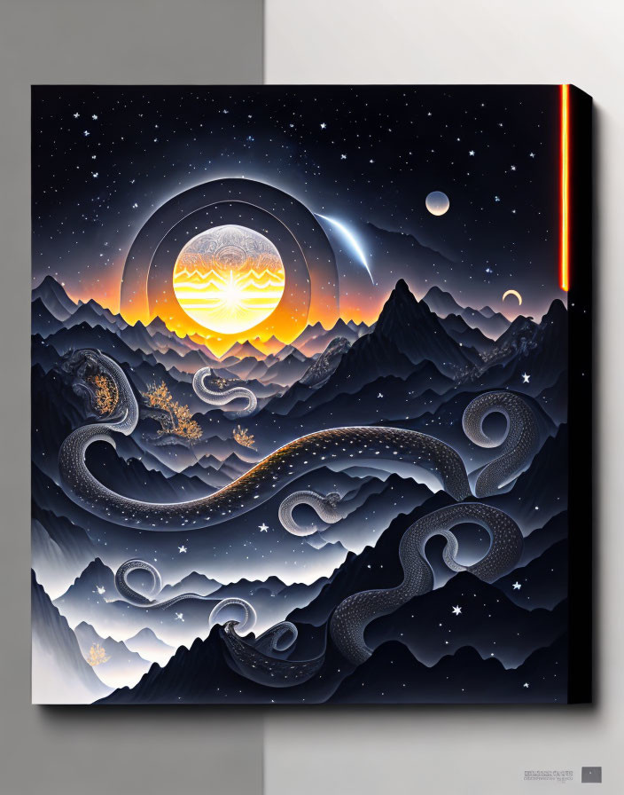 Stylized night landscape canvas with mountains, sunrise, planets, stars, and golden path