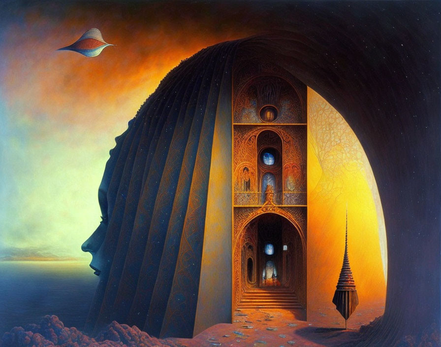 Surreal painting of woman's profile in ornate arch with ship and spire against cloudy sky