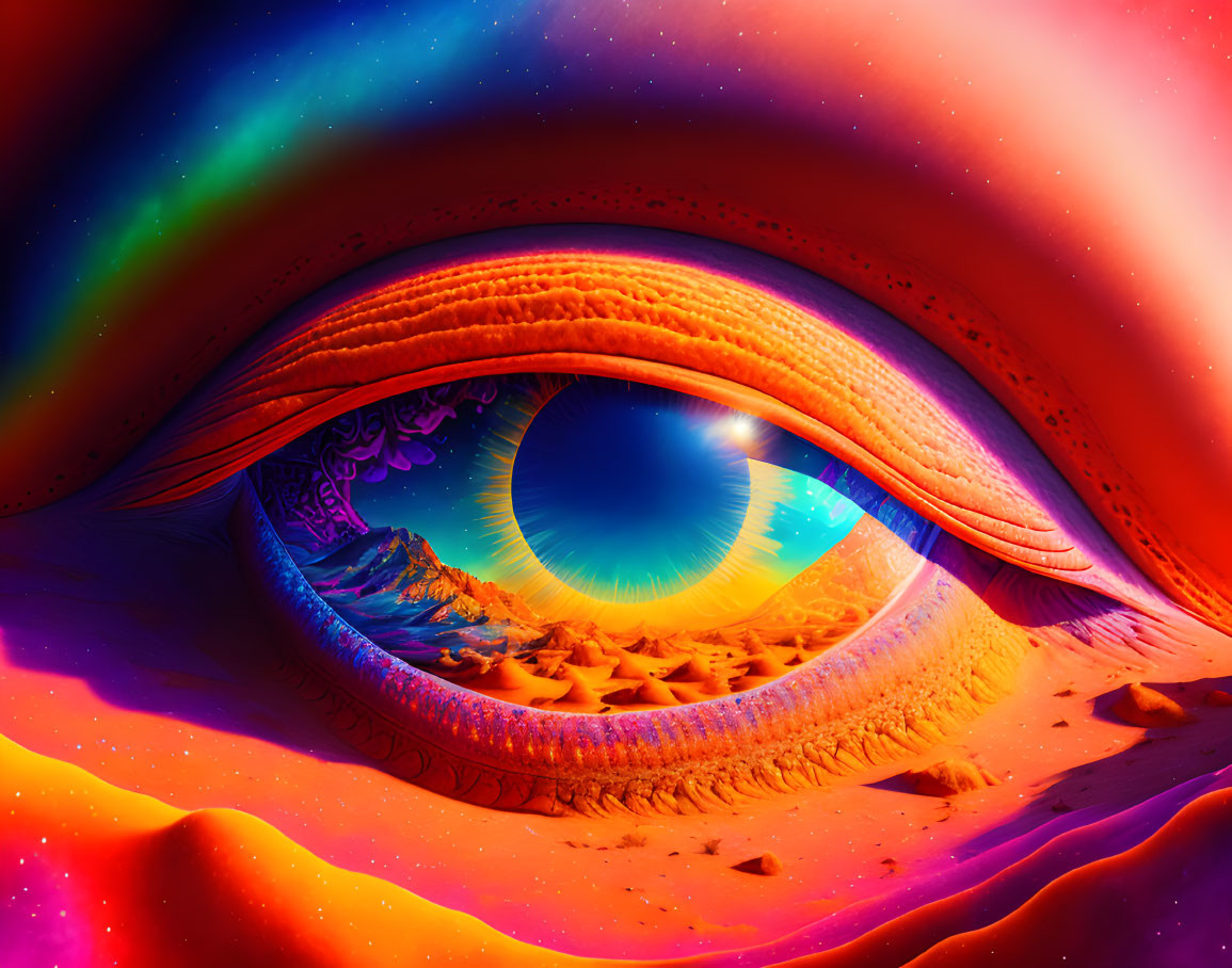 Surreal landscape with colossal eye and desert scene in iris