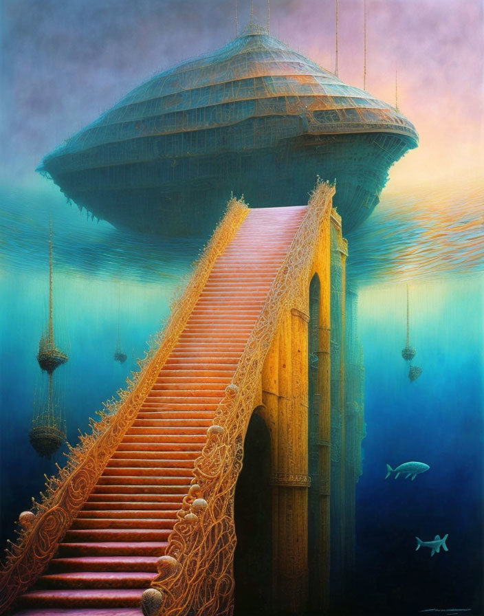 Fantasy underwater painting with suspended structure and ornate staircase