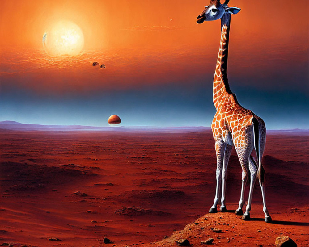 Giraffe on red Mars-like landscape with orange sky