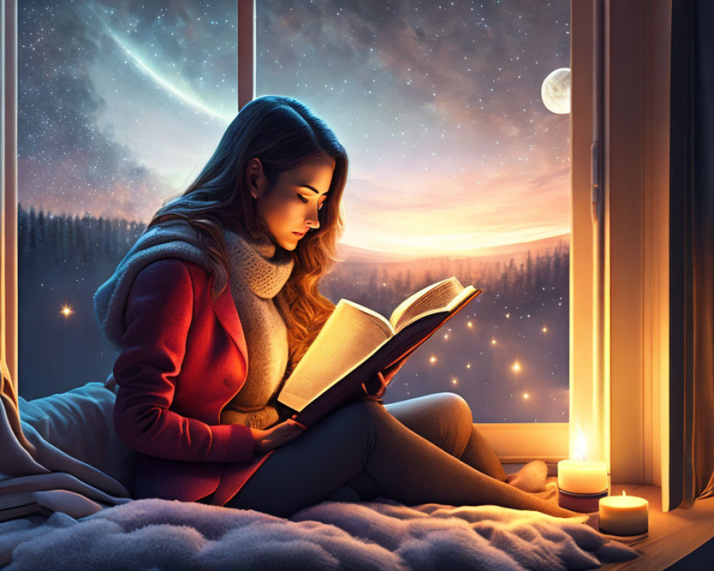 Woman reading book by candle and lamp near window with starry night sky view