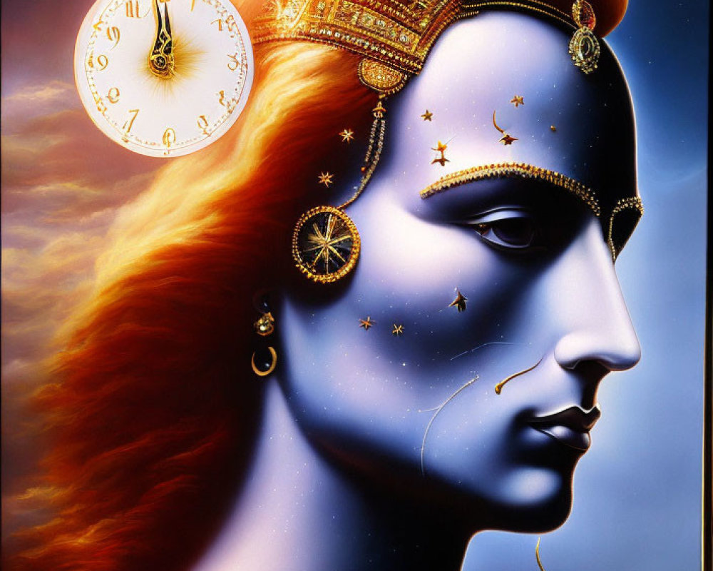 Surreal portrait of a woman with celestial and clock elements, golden adornments, orange-red hair