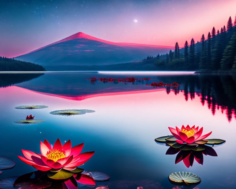 Tranquil dusk scene: lake, water lilies, mountain, pink sky, star