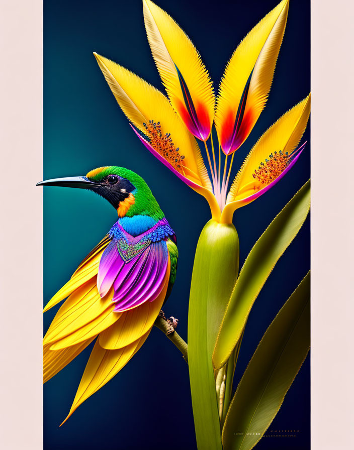 Colorful bird on bird-of-paradise flower against teal background